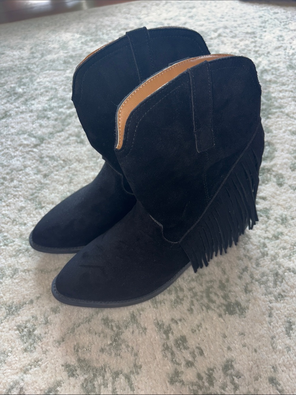 Fringe Suede Western Ankle Boots - Black